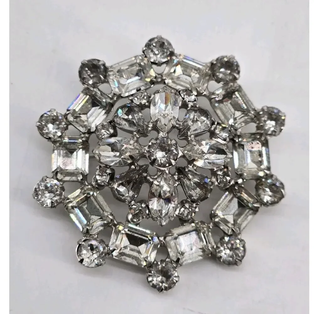 Vintage 40s Joseph Wiesner NY Silver Tone & Clear Rhinestone Pin Brooch